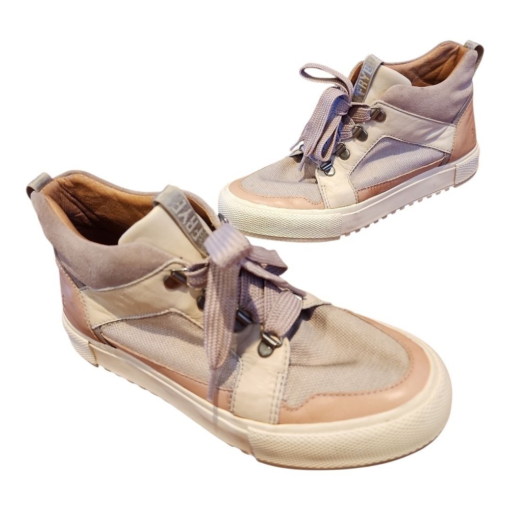 Frye Ivy High Top Sneakers Women 8 Beige Tan Leather Suede Canvas Casual Comfort